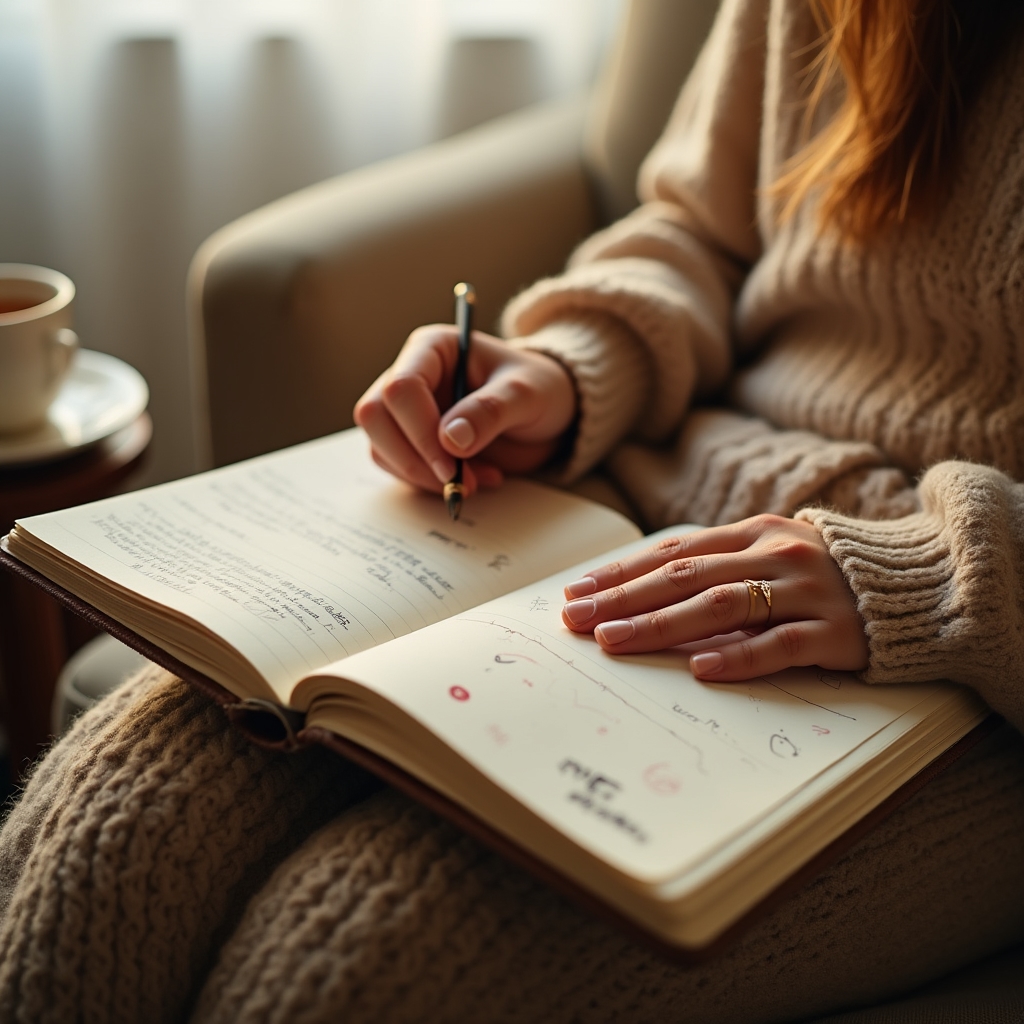 Person sitting with a notebook open, reflecting on financial entries with a cup of tea nearby